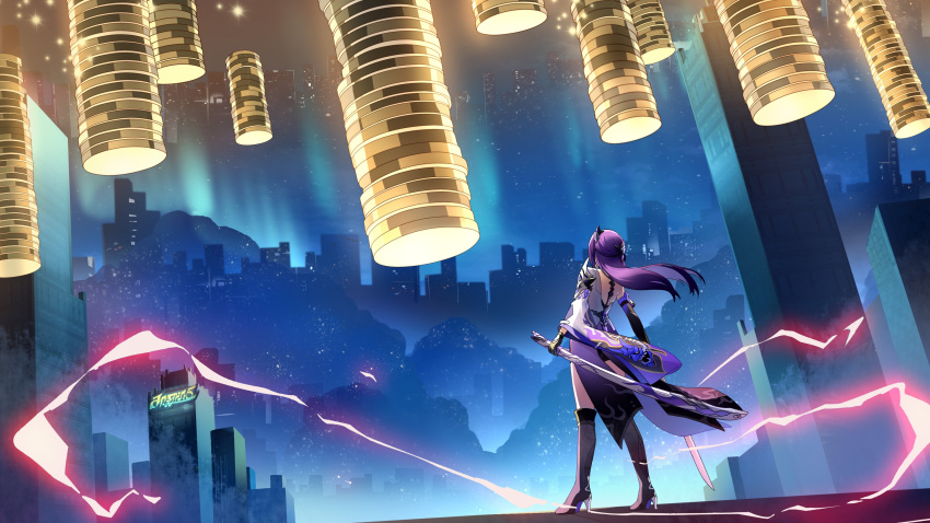 1girl absurdres acheron_(honkai:_star_rail) asymmetrical_footwear back black_gloves black_shorts boots building coat coattails detached_sleeves gloves highres honkai:_star_rail honkai_(series) long_hair poker_chip purple_hair sheath short_shorts shorts single_bare_shoulder sky solo sparks standing sword thigh_boots unsheathed weapon white_coat yigexiaohao040