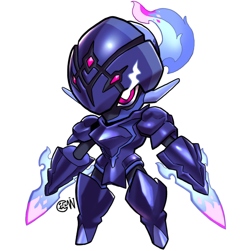 absurdres arm_blade armor artist_logo blue_fire ceruledge chibi colored_skin cwdw fiery_hair fire glowing glowing_eyes highres looking_at_viewer no_humans pink_eyes pokemon pokemon_(creature) purple_armor purple_helmet purple_skin simple_background solo sword weapon white_background