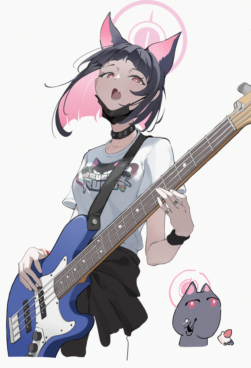 1girl absurdres black_choker black_hair black_jacket black_mask blue_archive breasts choker clothes_around_waist colored_inner_hair cyan_yu electric_guitar fang guitar halo highres instrument jacket jacket_around_waist kazusa_(band)_(blue_archive) kazusa_(blue_archive) looking_at_viewer mask mask_pull medium_breasts mouth_mask multicolored_hair official_alternate_costume open_mouth pink_hair pink_halo red_eyes shirt short_hair short_sleeves simple_background skin_fang solo white_background white_shirt