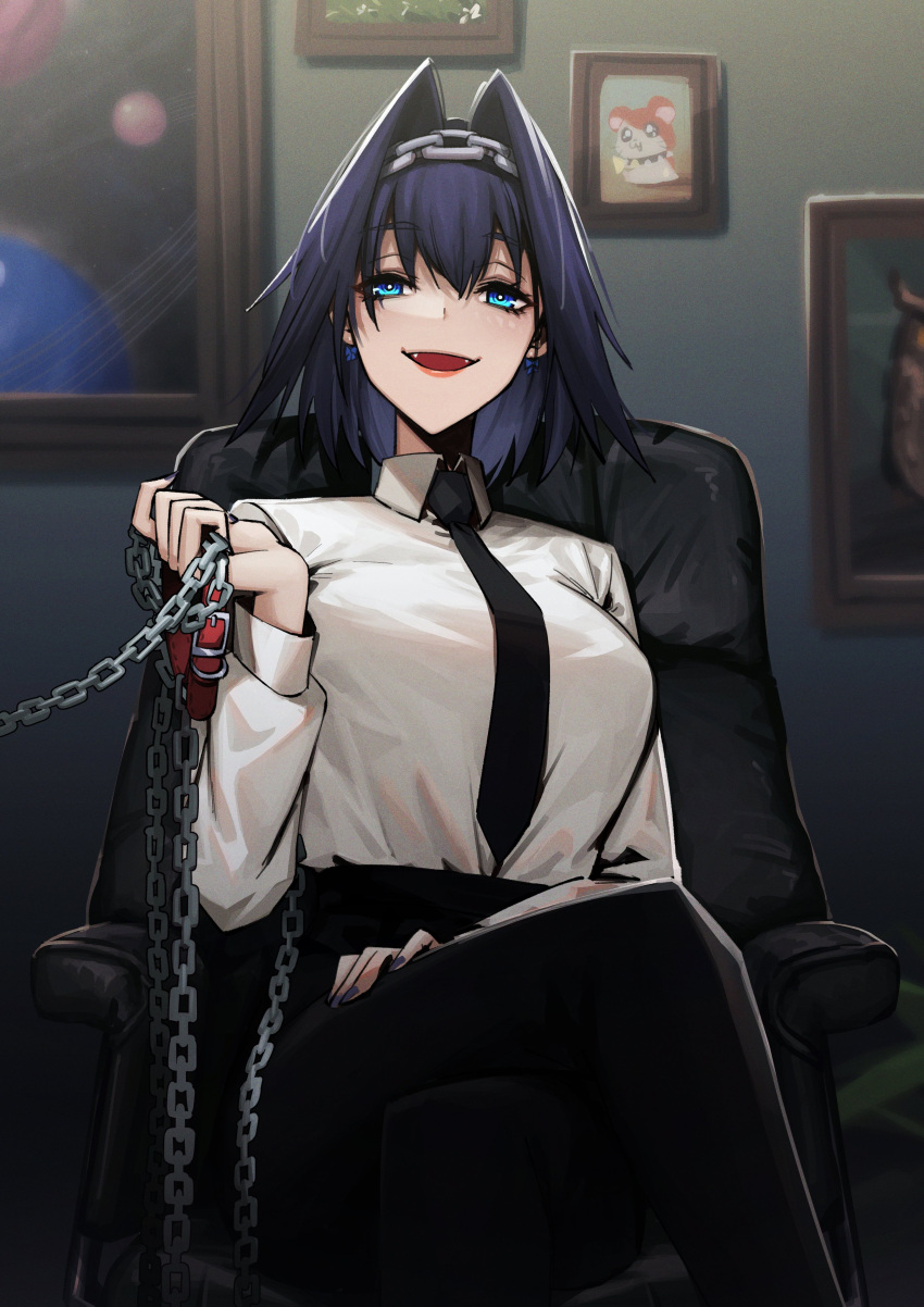 1girl absurdres adarin animal_collar black_necktie black_pants blue_eyes blue_hair chain chair chibi chibi_inset collar dark_blue_hair earrings fangs feet_out_of_frame hakos_baelz_(rat) highres hololive jewelry necktie on_chair ouro_kronii pants picture_frame pink_lips planet shirt white_shirt