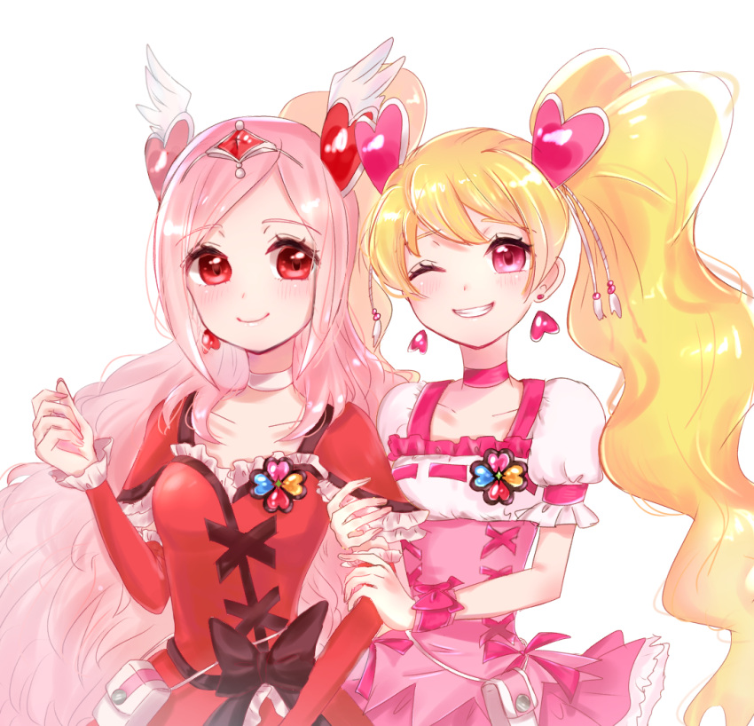 2girls black_bow blonde_hair blush bow brooch choker closed_mouth collarbone cowboy_shot cure_passion cure_peach dot_nose dress earrings fresh_precure! frilled_arm_wamers frills hair_ornament heart heart_earrings heart_hair_ornament higashi_setsuna jewelry long_hair looking_at_viewer magical_girl momozono_love multiple_girls namo_(namo_suuun) one_eye_closed pink_choker pink_eyes pink_hair pink_skirt pink_wrist_cuffs precure puffy_sleeves red_arm_warmers red_dress red_eyes simple_background skirt smile standing tiara twintails white_background white_choker wrist_cuffs