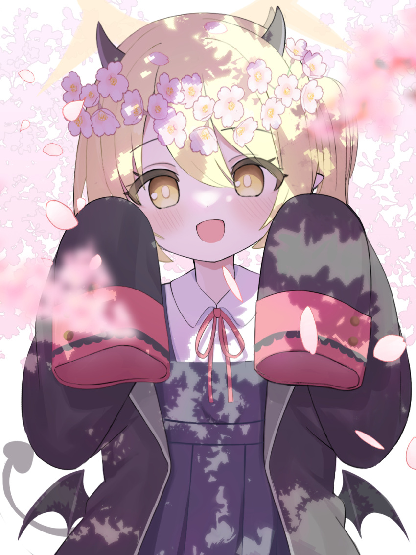 1girl :d aoraine black_coat black_horns black_tail black_wings blonde_hair blue_archive blue_dress blurry blurry_foreground blush branch bright_pupils cherry_blossoms coat collared_shirt commentary_request dappled_sunlight demon_girl demon_horns demon_tail demon_wings depth_of_field dress eyelashes falling_petals flower flower_wreath hair_between_eyes halo hands_up head_wreath highres horns ibuki_(blue_archive) long_hair looking_at_viewer low_wings mini_wings neck_ribbon open_clothes open_coat open_mouth petals pinafore_dress pink_flower pleated_dress pointy_ears red_ribbon ribbon school_uniform shirt side_ponytail sidelocks simple_background sleeveless sleeveless_dress sleeves_past_fingers sleeves_past_wrists smile solo sunlight tail very_long_sleeves white_background white_pupils white_shirt wing_collar wings yellow_eyes
