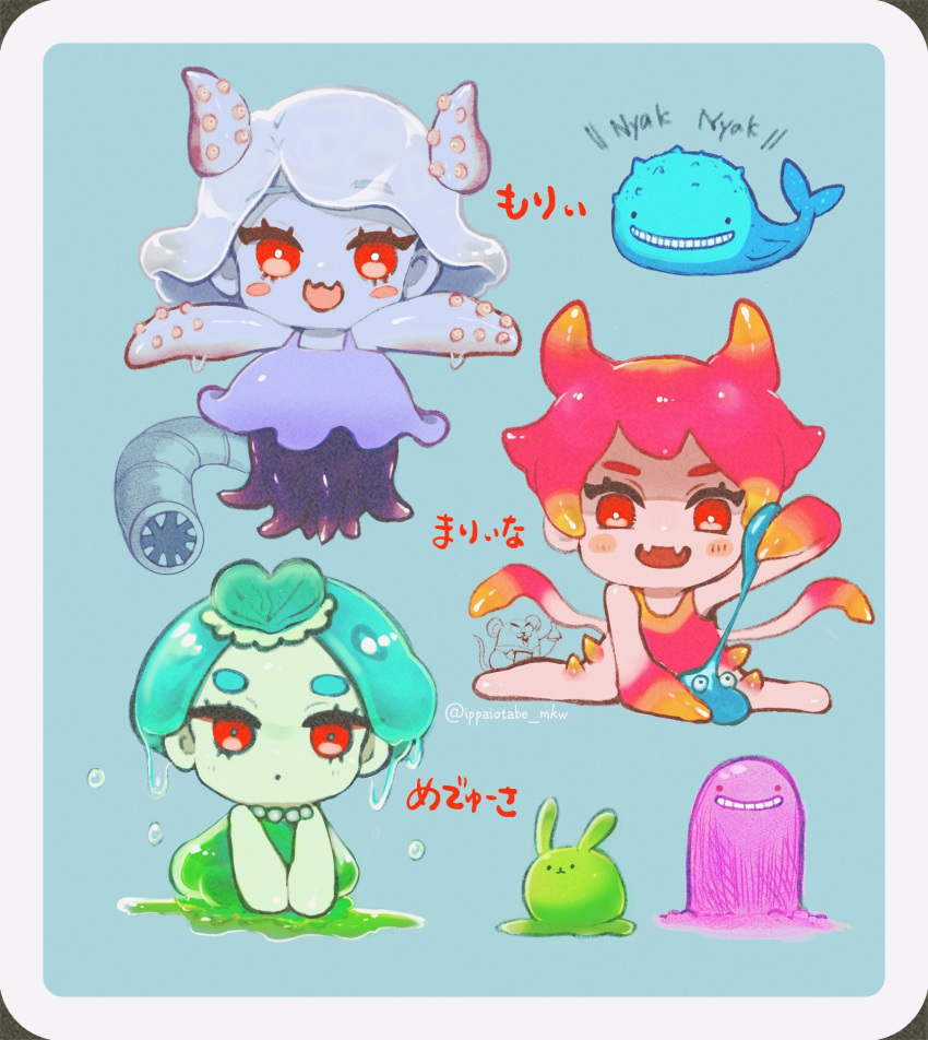 3girls aged_down animal baby blue_background blue_dress blue_skin blush_stickers border colored_skin dress evil_smile expressionless fangs gradient_hair green_headwear green_skin hat highres holding humphrey_(omori) ippaiotabe_mkw marina_(omori) medusa_(omori) molly_(omori) monster_girl mouse multicolored_hair multiple_girls multiple_legs omori open_mouth orange_eyes outstretched_arms rabbit red_eyes red_skin shaded_face short_hair skin_fangs slime_(substance) slime_girl smile spread_arms streaked_hair tentacle_hair tentacle_hands tentacles twitter_username wavy_mouth whale white_border