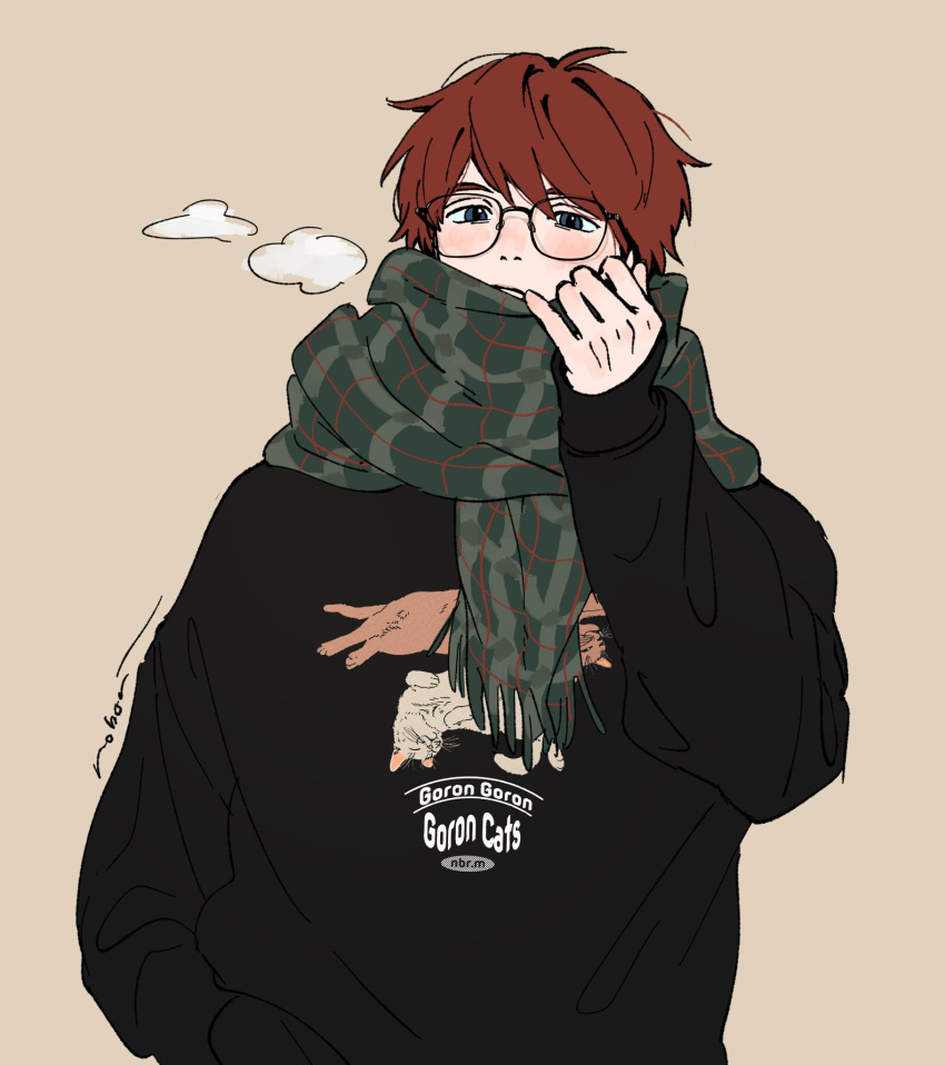 1boy all_nobori artist_name black-framed_eyewear black_sweater blue_eyes blush brown_background cat closed_mouth clothes_writing green_scarf hand_in_pocket hand_up highres long_sleeves looking_at_viewer male_focus original plaid plaid_scarf puff_of_air redhead scarf short_hair sleeves_past_wrists solo sweater upper_body