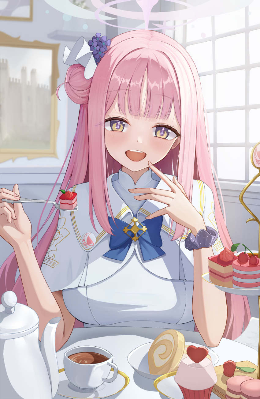 1girl absurdres badge blue_archive blue_bow blue_bowtie blush bow bowtie breasts button_badge cake cake_slice capelet commentary_request cross cup cupcake dress flower food fork fruit hair_bun hair_flower hair_ornament hair_ribbon halo happy highres holding holding_fork huge_breasts indoors long_hair looking_at_viewer macaron mika_(blue_archive) open_mouth partial_commentary picture_frame pink_hair pink_halo plate print_capelet purple_flower purple_scrunchie ribbon scrunchie single_side_bun smile solo sparkling_eyes strawberry swiss_roll tea teacup teapot teeth trinity_general_school_logo upper_teeth_only white_capelet white_dress white_ribbon whoing_x2 window wrist_scrunchie yellow_eyes
