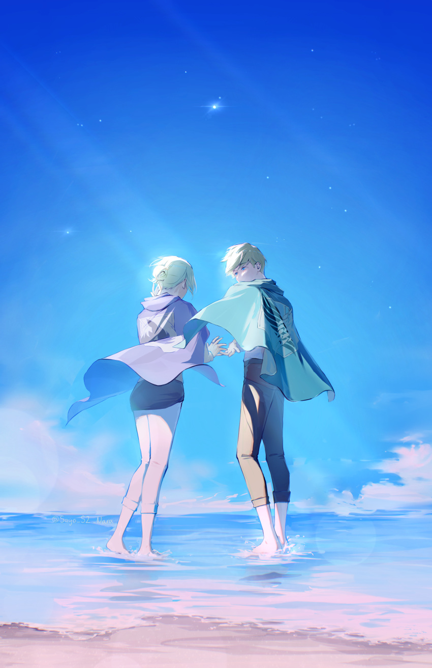 1boy 1girl absurdres annie_leonhart armin_arlert beach blonde_hair blue_eyes blue_sky brown_pants cape clouds commentary_request day highres long_sleeves looking_at_another ocean outdoors pants sand sayo_nara_drawing shingeki_no_kyojin sky sunlight water white_pants