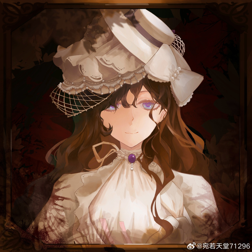 1girl absurdres black_background black_hair border bow closed_mouth curly_hair dress gown hat hat_bow highres isolde_(reverse:1999) long_hair looking_at_viewer reverse:1999 smile solo upper_body violet_eyes wanruo_tiantang_71296 weibo_logo weibo_username white_bow white_dress white_hat white_veil