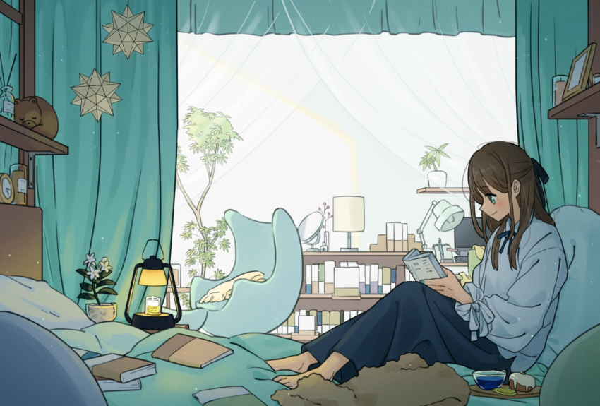 1girl armchair barefoot bedroom black_ribbon black_skirt blue_ribbon blush book bookshelf brown_hair chair clock closed_mouth collared_shirt curtains day desk_lamp feet full_body green_eyes hair_ribbon half_updo holding holding_book indoors knees_together_feet_apart lamp lantern long_hair long_skirt long_sleeves looking_at_object matsumine_(twin-mix) neck_ribbon on_bed original picture_frame plant potted_plant profile reading ribbon shelf shirt sidelocks sitting skirt small_stellated_dodecahedron smile solo toes white_shirt window