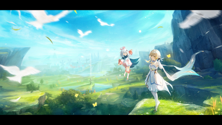 2girls absurdres anna_(drw01) arm_up bird blonde_hair blue_cape blue_sky boots cape city cliff closed_eyes commentary_request detached_sleeves dove dress floating flower genshin_impact grass hair_flower hair_ornament halo highres knee_boots lake letterboxed looking_at_viewer lumine_(genshin_impact) multiple_girls outdoors paimon_(genshin_impact) short_hair_with_long_locks sky thigh_boots white_dress white_footwear white_hair yellow_eyes