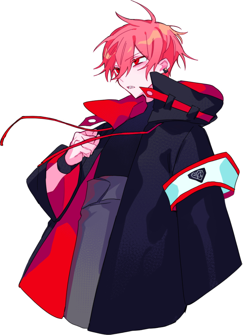 1boy armband baggy_pants black_armband black_jacket black_shirt borrowed_character clenched_hand commentary_request earrings grey_pants high-waist_pants highres himanemuitoma jacket jewelry jiro_nito long_sleeves messy_hair nitro_(vocaloid) official_art original pants red_eyes redhead sharp_teeth shirt short_hair solo teeth transparent_background turtleneck vocaloid