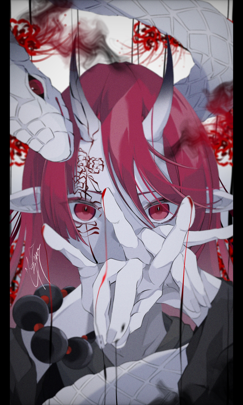 1girl absurdres blood bracelet colored_skin facial_tattoo flower goma_irasuto highres horns jewelry long_hair looking_at_viewer oni original pointy_ears red_eyes redhead snake solo spider_lily tattoo white_skin