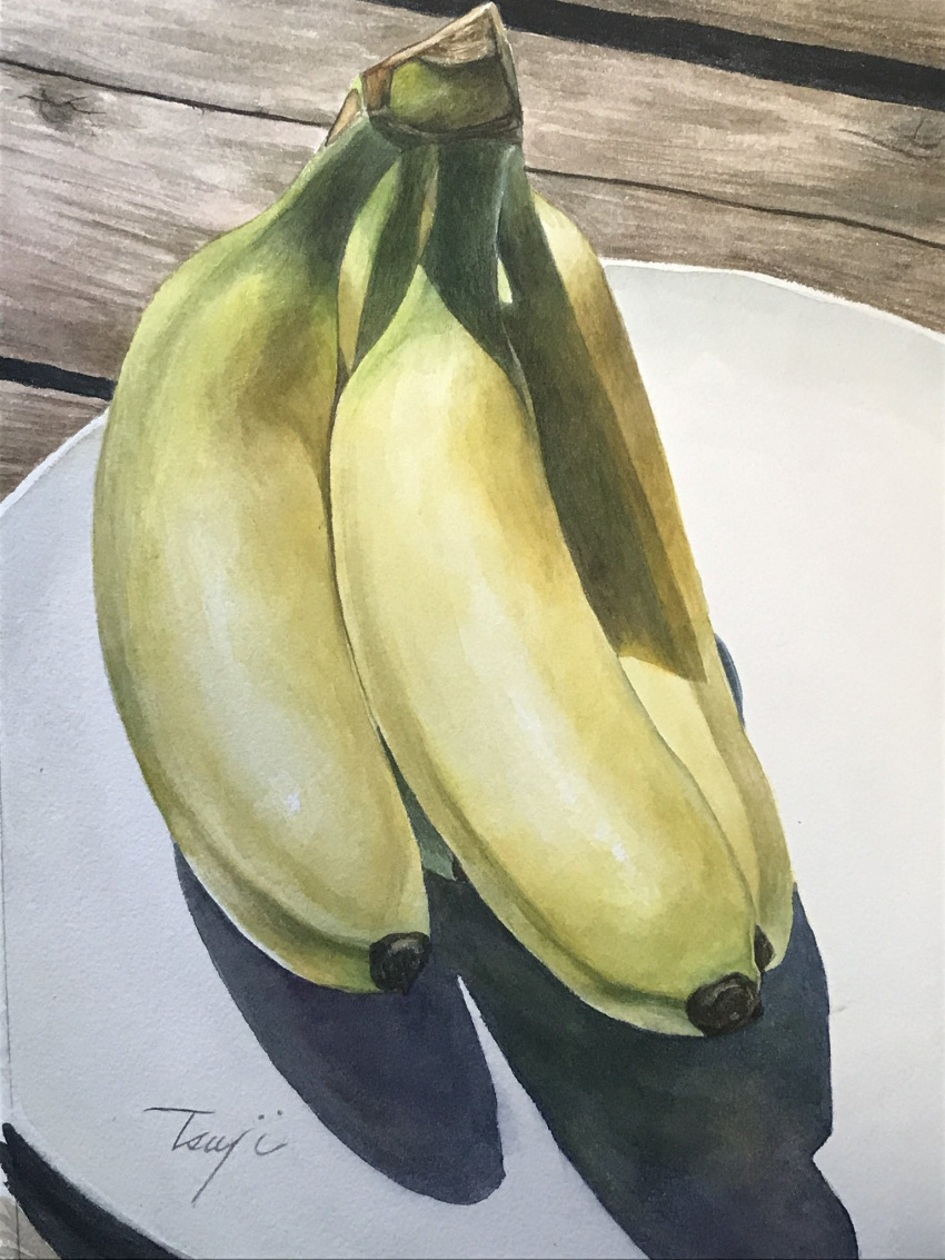 banana eyvzi172xqdkvs7 food fruit highres no_humans object_focus original painting_(medium) realistic shadow still_life sunlight traditional_media wooden_floor