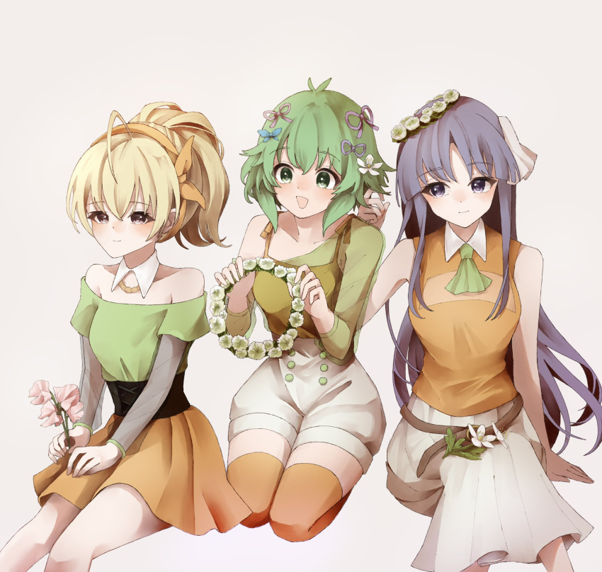 3girls :d ahoge amahara_nue andou_tazusa antenna_hair arm_at_side ascot assault_lily bare_shoulders belt blonde_hair blue_bow blush bow bow_hairband breasts brown_background brown_belt brown_eyes buttons camisole closed_mouth collarbone commentary cross-laced_clothes detached_collar feet_out_of_frame flower flower_wreath gradient_background green_ascot green_eyes green_hair green_shirt hair_between_eyes hair_bow hair_ribbon hairband hand_in_another's_hair hand_on_lap hand_up hands_up head_wreath high-waist_shorts high_ponytail highres holding holding_flower holding_wreath knees_up layered_sleeves long_sleeves looking_ahead looking_at_another looking_to_the_side medium_breasts miniskirt multiple_girls off-shoulder_shirt off_shoulder official_alternate_costume official_alternate_hairstyle orange_bow orange_camisole orange_shirt orange_skirt orange_thighhighs pink_flower pink_ribbon pleated_skirt ponytail purple_hair ribbon see-through see-through_shirt see-through_sleeves seiza shirai_yuyu shirt short_hair short_sleeves shorts sidelocks sideways_glance single_bare_shoulder sitting skirt sleeveless sleeveless_shirt smile symbol-only_commentary thigh-highs underbust violet_eyes white_flower white_ribbon white_shorts white_skirt yoshimura_thi_mai