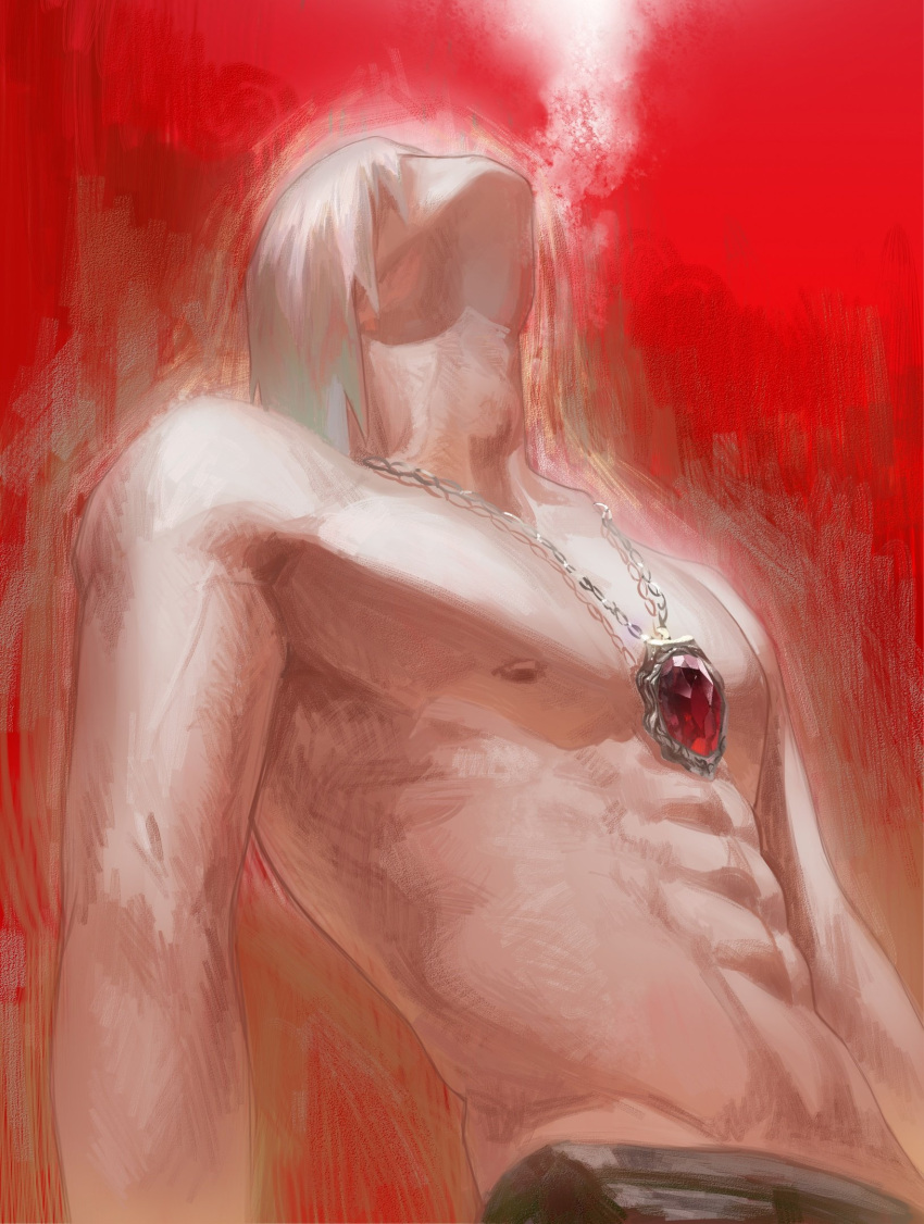 1boy abs dante_(devil_may_cry) devil_may_cry_(series) devil_may_cry_3 head_back higan1113557 highres jewelry male_focus muscular muscular_male navel necklace pectorals red_background solo stomach toned toned_male topless_male white_hair