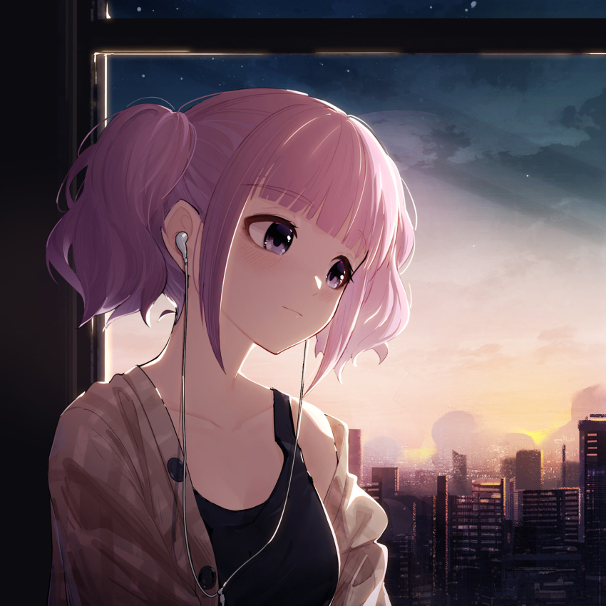 1girl black_tank_top blush breasts brown_shirt chinese_commentary city closed_mouth collarbone commentary_request earphones girls_band_cry grey_eyes highres hina_(girls_band_cry) indoors medium_breasts pink_hair shirt short_hair sidelocks sky solo star_(sky) starry_sky tank_top upper_body window yun_cao_bing