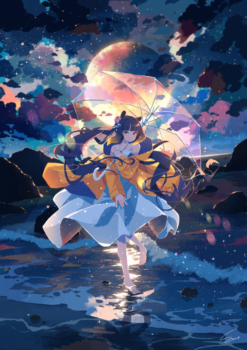1girl atelier_umiyury barefoot blunt_bangs clouds cloudy_sky commentary dress flower hair_flower hair_ornament highres holding holding_umbrella hololive hololive_english jacket light_smile long_hair looking_at_viewer moon night night_sky ninomae_ina'nis official_alternate_costume orange_jacket outdoors purple_hair raincoat reflection sky solo tentacle_hair transparent transparent_umbrella umbrella very_long_hair virtual_youtuber wading water waves white_dress