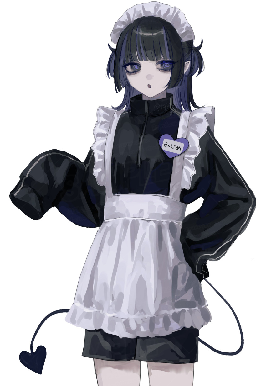absurdres apron black_shorts black_track_suit colored_inner_hair demon_tail dyed_bangs goth_fashion highres iqywo jersey_maid maid maid_apron maid_headdress multicolored_hair name_tag open_mouth original pale_skin purple_hair short_twintails shorts tail thick_eyelashes thighs twintails unconventional_maid violet_eyes