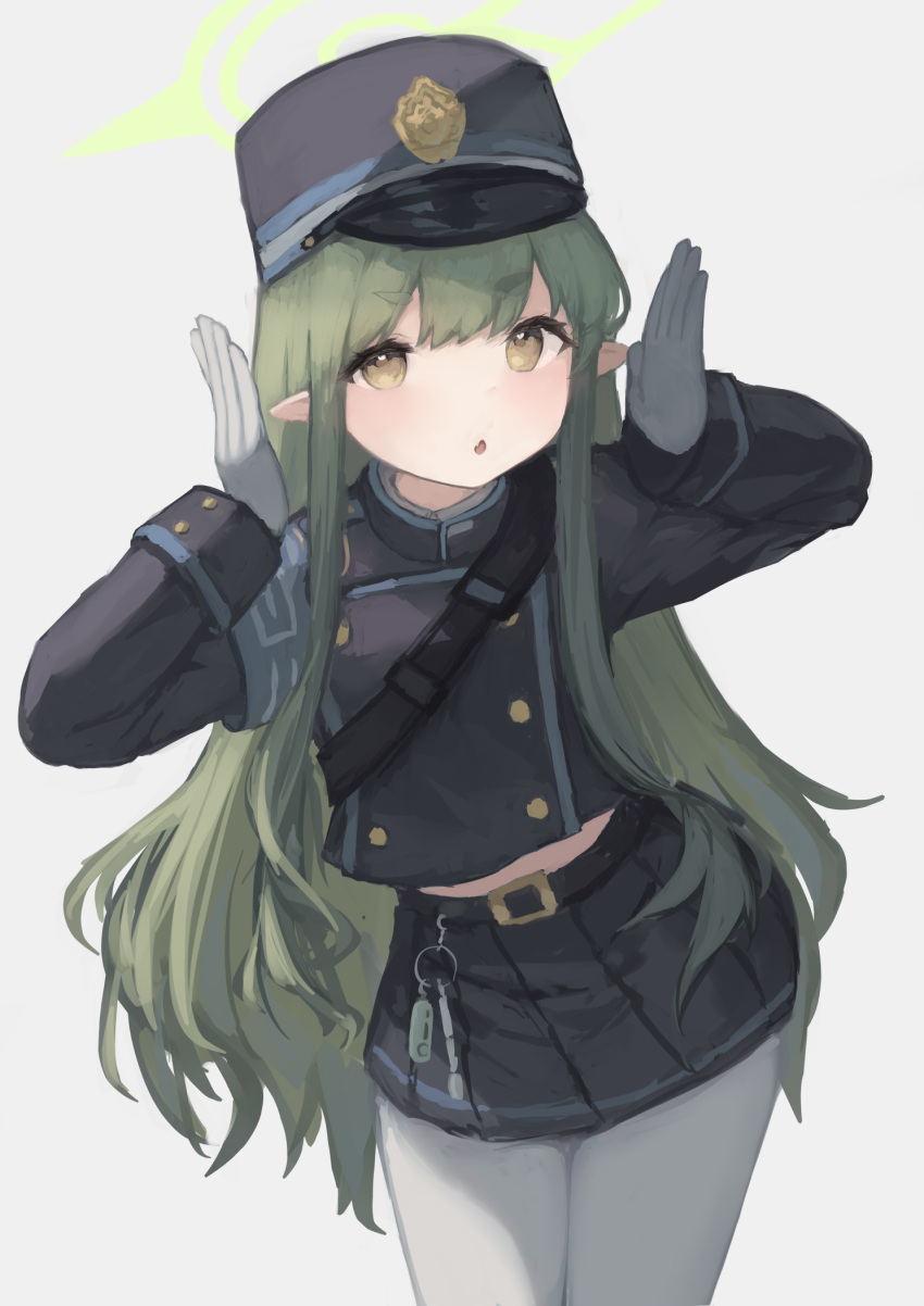 1girl black_hat blue_archive blush gloves green_hair green_halo halo hat highlander_sidelocks_conductor_(blue_archive) highres long_hair long_sleeves pantyhose peaked_cap pointy_ears tail teruriu white_gloves white_pantyhose yellow_eyes
