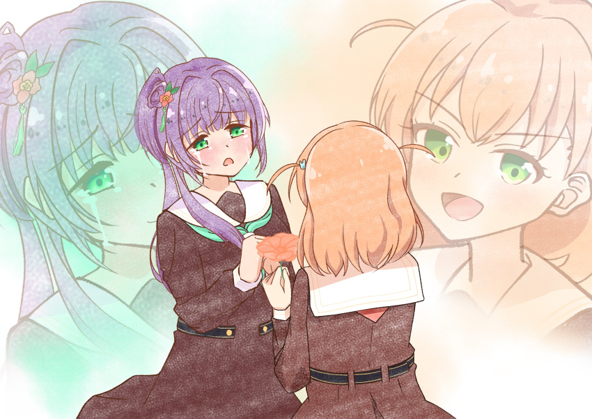 2girls :d absurdres blush brown_dress cerise_bouquet closed_mouth commentary_request corocoro567 crossed_bangs crying crying_with_eyes_open d: dress flower green_background green_eyes green_neckerchief hair_bun hair_flower hair_ornament hasu_no_sora_school_uniform highres hinoshita_kaho holding holding_flower link!_like!_love_live! long_hair long_sleeves looking_at_another love_live! medium_dress medium_hair multiple_girls neckerchief open_mouth orange_background orange_flower orange_hair otomune_kozue pleated_dress projected_inset purple_hair rabbit_hair_ornament red_flower red_neckerchief sailor_collar sailor_dress school_uniform side_ponytail sidelocks single_side_bun smile tears two-tone_background two_side_up v-shaped_eyebrows virtual_youtuber white_sailor_collar winter_uniform zoom_layer