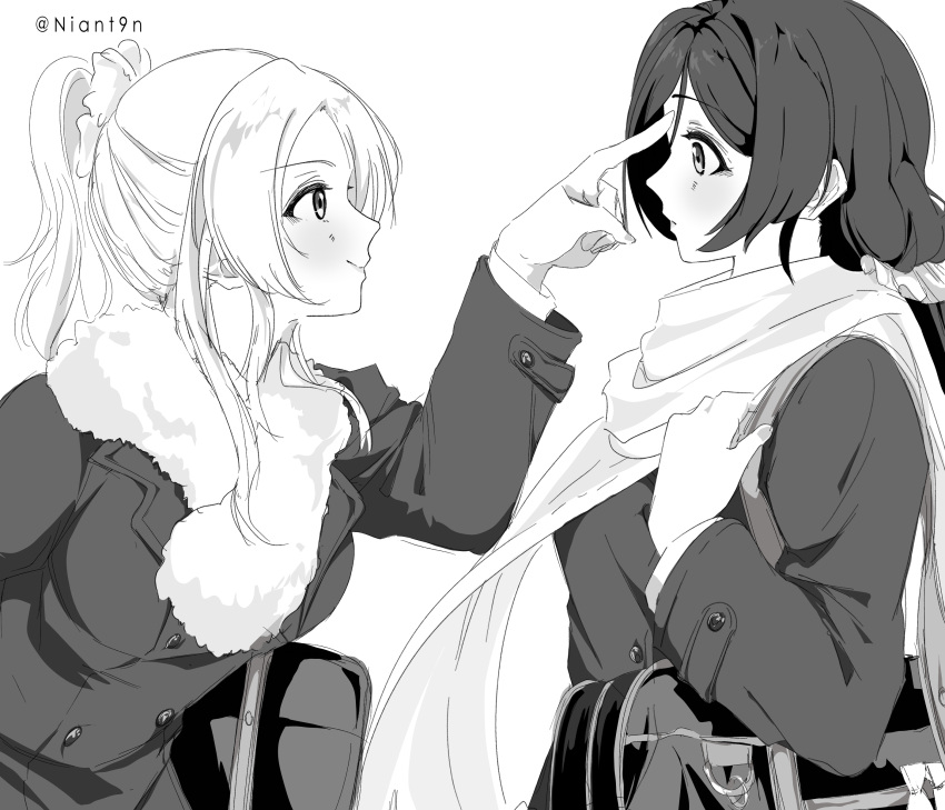 2girls absurdres ayase_eli bag buttons closed_mouth coat commentary double-breasted english_commentary finger_to_another's_face greyscale highres long_hair long_sleeves love_live! love_live!_school_idol_project monochrome multiple_girls niant9n pointing pointing_at_another ponytail scarf school_bag shoulder_bag smile tojo_nozomi upper_body
