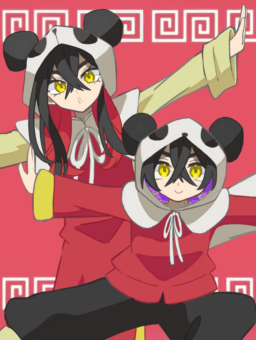 1boy 1girl animal_costume black_hair brother_and_sister carmine_(pokemon) closed_mouth colored_inner_hair commentary_request crossed_bangs eyelashes hair_between_eyes hatomugi_tyatya highres kieran_(pokemon) multicolored_hair open_mouth outstretched_arms panda_costume pokemon pokemon_sv purple_hair red_background redhead siblings simple_background smile squatting standing two-tone_hair yellow_eyes