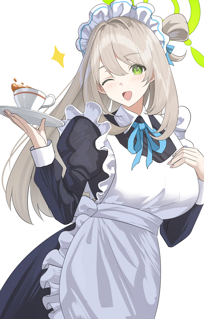 1girl absurdres apron black_dress black_tea blue_archive blush breasts cup dress fingernails frilled_apron frills green_eyes green_halo halo highres holding large_breasts light_brown_hair long_hair long_sleeves looking_at_viewer nonomi_(blue_archive) one_eye_closed open_mouth simple_background smile solo sysen tea white_apron white_background