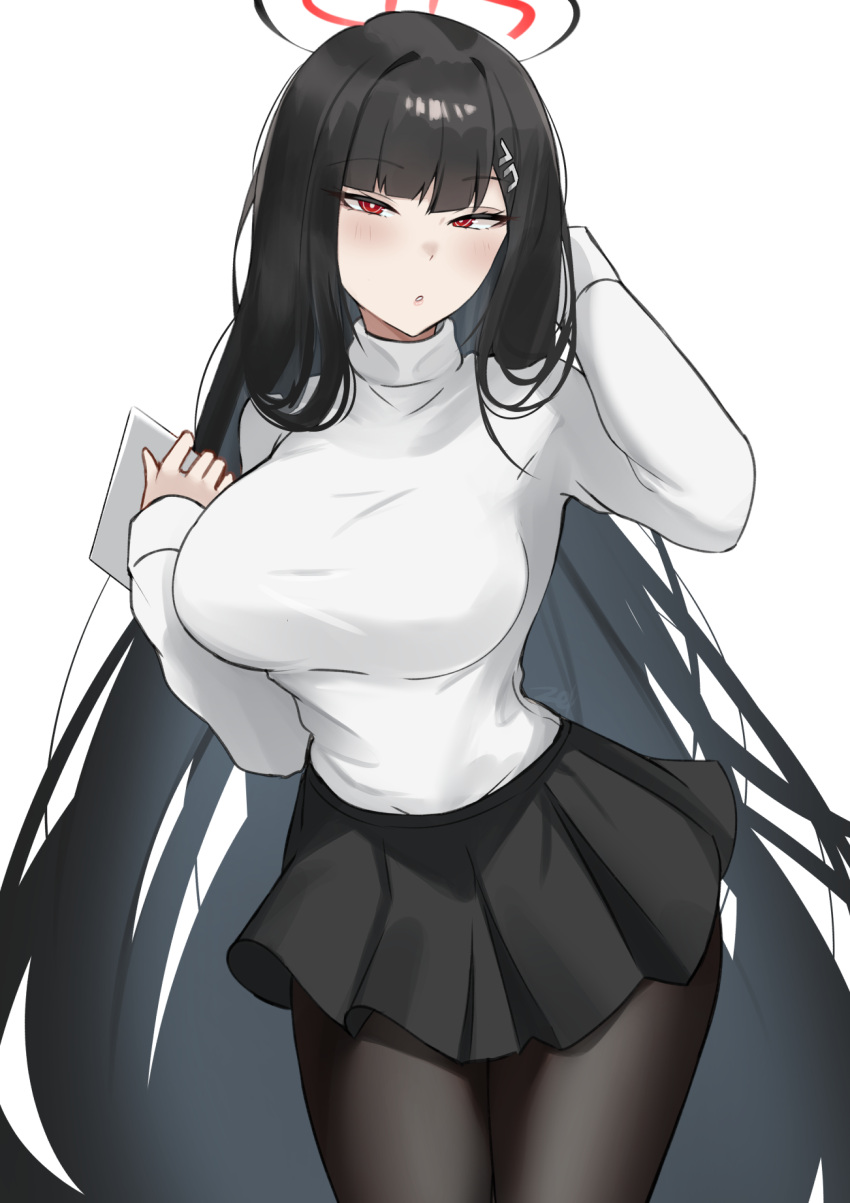 1girl black_hair black_halo black_pantyhose black_skirt blue_archive breasts bright_pupils halo highres holding holding_tablet_pc large_breasts long_hair long_sleeves looking_at_viewer miniskirt pantyhose pleated_skirt red_eyes ribbed_sweater rio_(blue_archive) skirt solo sweater tablet_pc turtleneck turtleneck_sweater very_long_hair white_pupils white_sweater zet_(twt_zet)