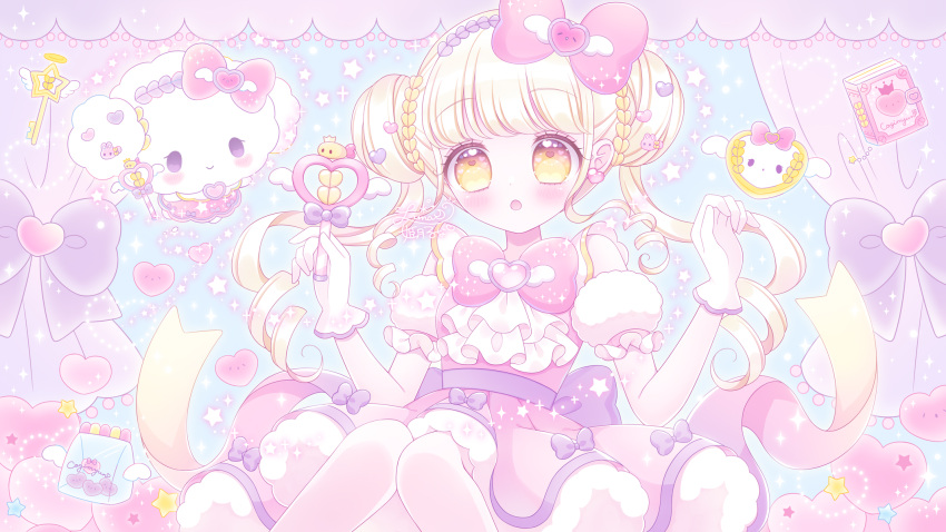1girl :o blonde_hair blush book bow cogimyun commentary_request double_bun dress gloves hair_bun hands_up heart highres himetsuki_luna holding holding_wand knees_together_feet_apart long_hair magical_girl pantyhose parted_lips pink_bow pink_dress purple_bow ringlets sanrio twintails very_long_hair wand white_gloves white_pantyhose yellow_eyes