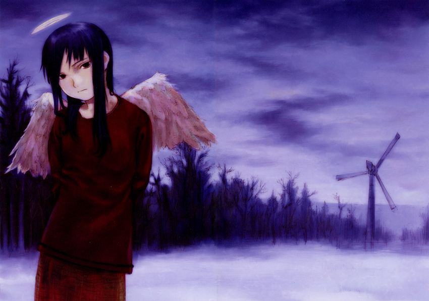 1girl abe_yoshitoshi absurdres arms_behind_back bare_tree black_eyes black_hair closed_mouth clouds feathered_wings haibane_renmei halo highres long_hair long_sleeves looking_at_viewer non-web_source pants purple_sky red_pants red_shirt reki_(haibane) scan shirt sidelocks sky solo standing tree white_wings wind_turbine wings