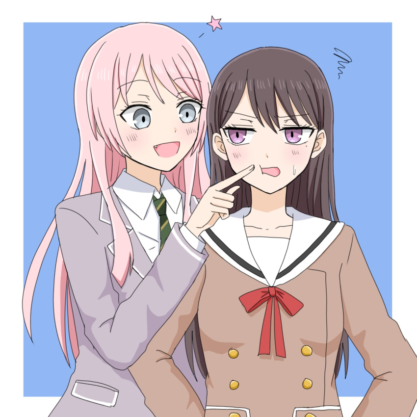 2girls bang_dream! bang_dream!_it's_mygo!!!!! blue_background blush border brown_dress brown_hair cheek_poking chihaya_anon chinese_commentary collarbone collared_shirt commentary_request diagonal-striped_clothes diagonal-striped_necktie dress fang green_necktie grey_eyes grey_jacket hanasakigawa_school_uniform haneoka_school_uniform highres jacket long_hair long_sleeves mixed-language_commentary multiple_girls neck_ribbon necktie open_mouth outside_border partial_commentary pink_hair poking red_ribbon ribbon sailor_collar sailor_dress school_uniform shiina_taki shirt simple_background squiggle star_(symbol) striped_clothes sweatdrop upper_body violet_eyes white_border white_sailor_collar white_shirt xiaoyu_(xiaoyu0308)