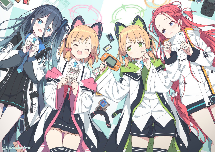 4girls :d ^_^ animal_ear_headphones animal_ears aris_(blue_archive) black_hair black_skirt blonde_hair blue_archive blue_bow blue_eyes bow braid cat_ear_headphones cat_tail closed_eyes commentary_request fake_animal_ears fake_tail game_boy game_development_department_(blue_archive) green_eyes green_halo hair_between_eyes hair_bow halo handheld_game_console headphones highres jacket kanzaki_hiro long_hair long_sleeves looking_at_another lying midori_(blue_archive) momoi_(blue_archive) multiple_girls on_back pink_halo pleated_skirt red_bow redhead shirt short_hair skirt smile tail thighs twitter_username very_long_hair white_jacket white_shirt yellow_halo yuzu_(blue_archive)