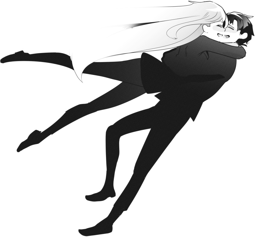 1boy 1girl absurdres angelica_(project_moon) blush closed_eyes from_side full_body greyscale happy highres hug husband_and_wife jacket library_of_ruina long_hair madotsuki_ren monochrome nose_blush open_mouth pants profile project_moon roland_(project_moon) shoes simple_background smile suit tackle very_long_hair