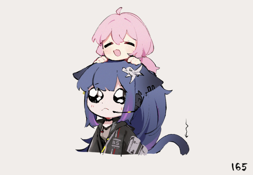 2girls :d ahoge animal_ears arknights black_jacket blacksteel_worldwide_logo blue_hair blue_poison_(arknights) cat_ears cat_girl cat_tail chibi chibi_on_head closed_eyes cropped_torso crying crying_cat_(meme) crying_with_eyes_open dailybloopy ears_down flower frown grey_shirt hair_flower hair_ornament hands_on_another's_head headset high_ponytail hood hooded_jacket jacket jessica_(arknights) jessica_the_liberated_(arknights) long_hair meme microphone multicolored_hair multiple_girls on_head pink_hair pouch purple_hair shirt sidelocks simple_background smile tail tears twintails two-tone_hair white_background