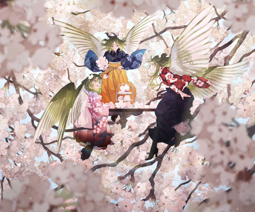 3girls :d black_bow black_footwear black_hakama blue_kimono blurry boots bow braid branch bud carrying carrying_under_arm commentary_request cross-laced_footwear cup day depth_of_field feathered_wings floating_hair floral_print flower flying green_hair hair_bow hair_bun hair_flower hair_ornament hair_over_shoulder hakama half_updo high_heel_boots high_heels highres holding holding_flower in_tree japanese_clothes kimono lace-up_boots landing long_sleeves looking_at_viewer looking_to_the_side medium_hair meiji_schoolgirl_uniform mini_person minigirl multiple_girls nature one_eye_closed original outdoors petticoat pink_kimono plantar_flexion print_kimono profile red_hakama red_kimono see-through_silhouette shoe_soles single_hair_bun sitting smile spring_(season) suzuneko-rin table tea_party teacup tiered_tray tree white_flower wings yellow_kimono