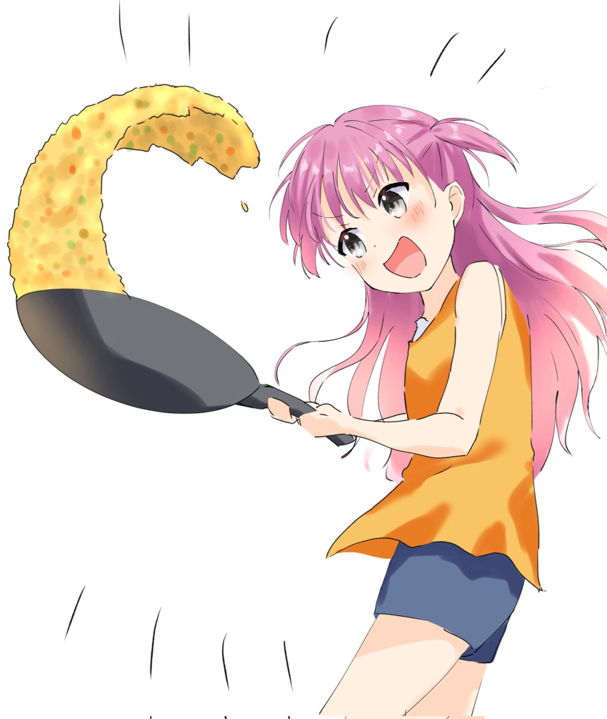 1girl :d bare_arms blue_shorts blush commentary_request cooking corrupted_twitter_file cowboy_shot emphasis_lines emu_shido food fried_rice frying_pan grey_eyes hair_between_eyes highres holding holding_frying_pan katou_umi long_hair open_mouth orange_shirt purple_hair shirt shorts simple_background sketch sleeveless sleeveless_shirt smile smug solo summer_pockets tsurime two_side_up v-shaped_eyebrows white_background
