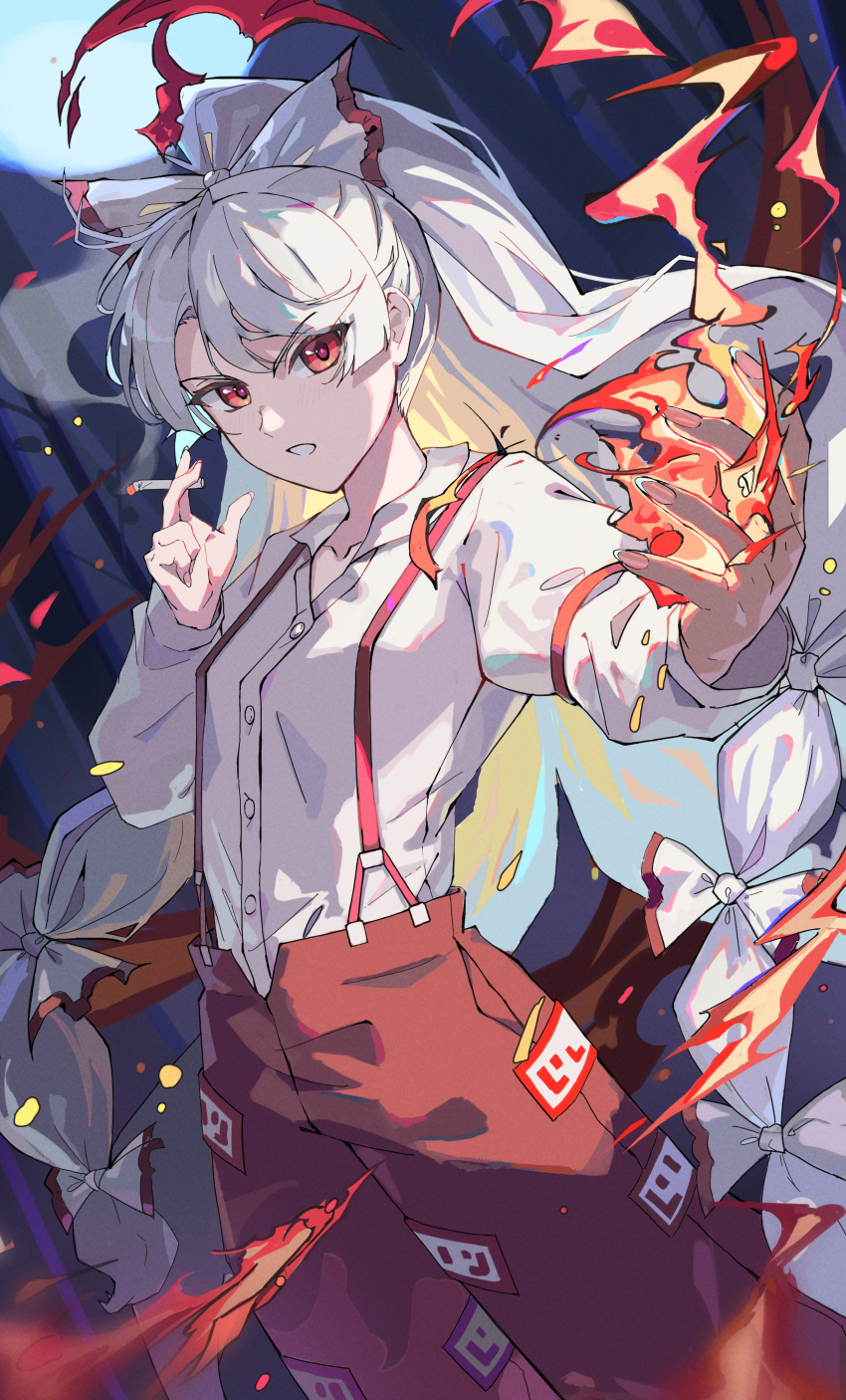 1girl absurdres asuka_shirou baggy_pants bamboo bamboo_forest bow breasts cigarette collared_shirt commentary_request fire forest fujiwara_no_mokou full_moon hair_bow highres holding holding_cigarette juliet_sleeves long_hair long_sleeves moon multiple_hair_bows nature night night_sky ofuda ofuda_on_clothes outdoors pants parted_lips puffy_sleeves red_eyes red_pants shirt sky small_breasts solo suspenders touhou very_long_hair white_bow white_hair white_shirt
