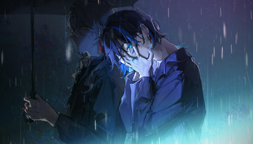2boys black_shirt black_umbrella blue_eyes blue_hair blue_shirt bush chinese_commentary closed_mouth collared_shirt commentary_request covering_face earrings expressionless fingernails gold_earrings highres holding holding_umbrella jewelry long_hair long_sleeves looking_at_viewer male_focus multicolored_hair multiple_boys night ofuda_earrings original outdoors poifree rain shirt short_hair sidelocks streaked_hair umbrella upper_body wavy_hair white_hair
