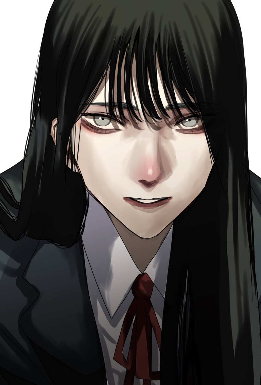 1girl black_hair black_jacket choppy_bangs collared_shirt commentary_request grey_eyes highres hoshi_san_3 jacket long_hair looking_at_viewer neck_ribbon open_mouth original red_ribbon ribbon shirt simple_background solo underwear white_background white_shirt