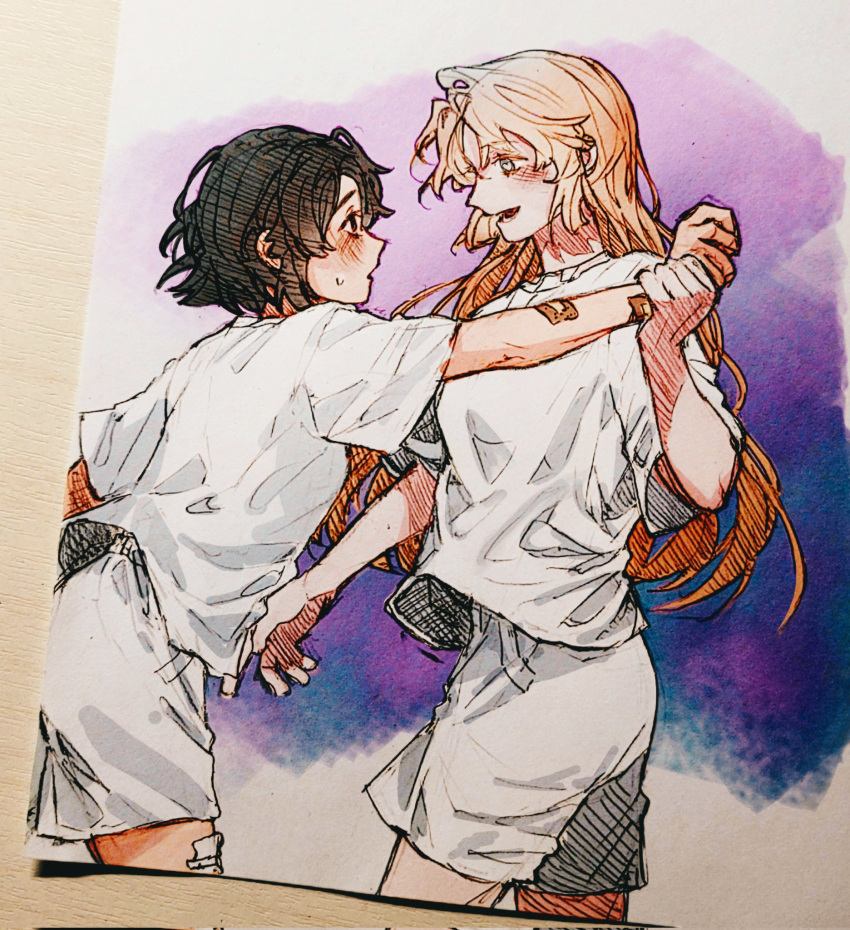 2girls :d amelia_lee ballpoint_pen_(medium) bandaid bandaid_on_arm beatrice_reden black_eyes black_hair blonde_hair blush cowboy_shot eye_contact face-to-face from_side hair_between_eyes heart heart-shaped_pupils highres holding_another's_wrist i_love_amy jinu_(ssipducksaekkl) long_hair looking_at_another multiple_girls open_mouth outstretched_arm painting_(medium) paper photo_(medium) profile shirt short_hair shorts sidelocks smile symbol-shaped_pupils traditional_media watercolor_(medium) white_shirt white_shorts yuri