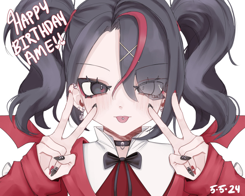 1girl ame-chan_(needy_girl_overdose) black_choker black_eyes black_hair black_nails black_ribbon character_name choker dated double_v earrings eyes_visible_through_hair ezra_(tomiauk) hair_ornament hair_over_one_eye hands_up happy_birthday highres jewelry long_hair long_sleeves looking_at_viewer multicolored_hair nail_polish neck_ribbon needy_girl_overdose official_alternate_costume piercing red_nails red_shirt red_wings redhead ribbon shirt simple_background smile solo streaked_hair tongue tongue_out tongue_piercing twintails upper_body v white_background wings x_hair_ornament
