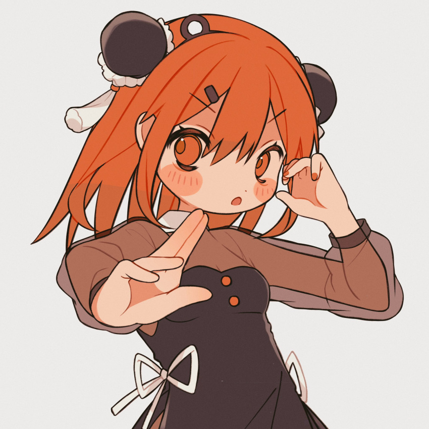1girl a.i._voice adachi_rei alternate_costume alternate_hairstyle black_dress blush breasts bun_cover buttons double_bun dress hair_between_eyes hair_bun hair_ornament hairclip headlamp highres long_sleeves looking_at_viewer medium_hair mochi_(na_si) nail_polish open_mouth orange_eyes orange_hair orange_nails ribbon see-through see-through_sleeves simple_background small_breasts solo standing upper_body utau white_ribbon