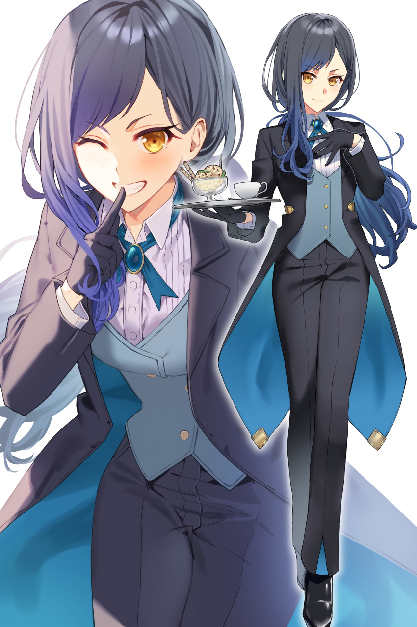 1girl absurdres bad_id bad_pixiv_id black_coat black_footwear black_gloves black_pants blue_gemstone blue_hair blue_vest breasts brooch butler buttons chip_le_cree closed_mouth coat collared_shirt commentary cross_tie cup dress_shirt female_butler food formal full_body gem gloves hair_behind_ear hair_ornament hairclip hand_on_own_chest highres holding holding_tray ice_cream index_finger_raised jewelry long_hair long_sleeves looking_at_viewer multiple_views one_eye_closed open_clothes open_coat open_mouth orange_eyes pants project_sekai saucer shiraishi_an shirt shoes star_(symbol) star_hair_ornament suit teacup teeth tray tuxedo unbuttoned vest white_background white_shirt