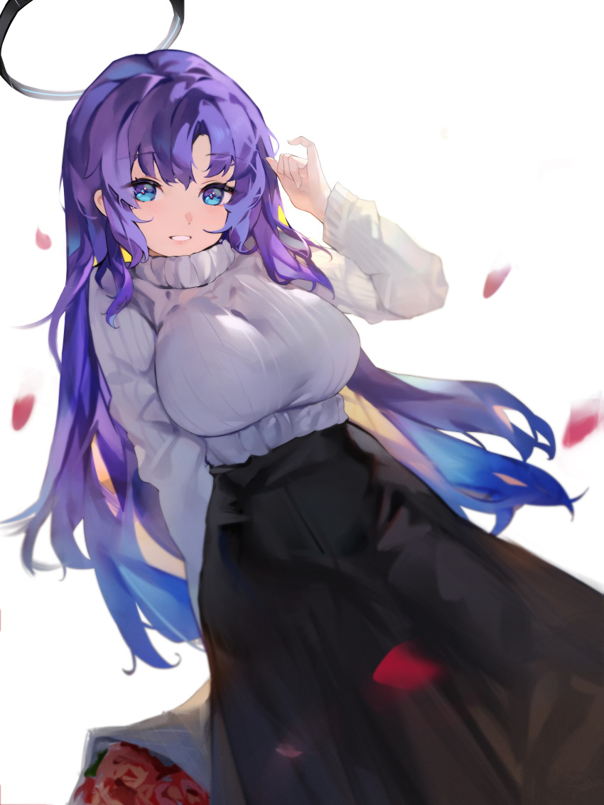 1girl absurdres black_skirt blue_archive blue_eyes blush bouquet breasts flower grin halo highres holding holding_bouquet large_breasts long_hair long_sleeves looking_at_viewer mechanical_halo outdoors petals purple_hair red_flower sakanafish skirt smile solo sweater white_sweater yuuka_(blue_archive)