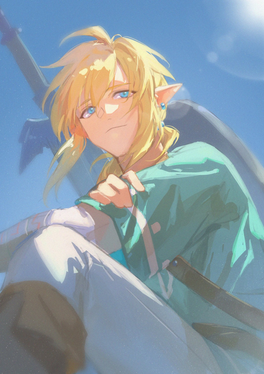 1boy ahoge blue_eyes blue_sky blue_tunic boots closed_mouth crossed_arms earrings from_behind hair_between_eyes hair_tie highres jewelry lens_flare link low_ponytail male_focus master_sword medium_hair pants pointy_ears shield shield_on_back shirt sidelocks sketch sky smile solo the_legend_of_zelda the_legend_of_zelda:_breath_of_the_wild the_legend_of_zelda:_tears_of_the_kingdom toaot white_pants white_shirt