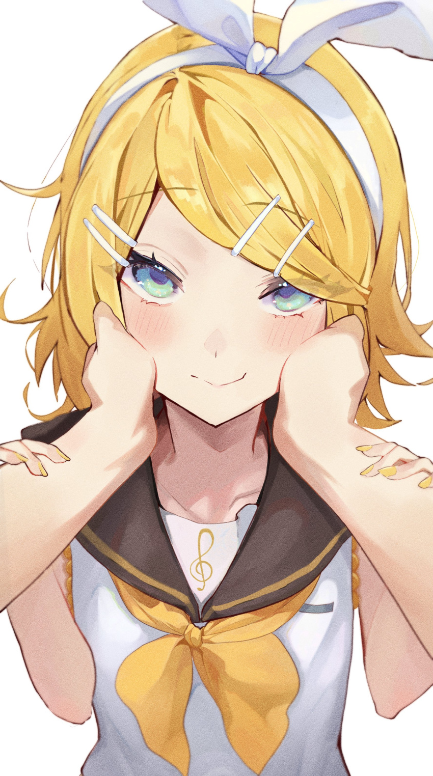 1girl absurdres aqua_eyes arm_grab bare_arms bare_shoulders black_sailor_collar blonde_hair blush bow bow_hairband cheek_squash collarbone flat_chest hair_bow hairband hands_on_another's_cheeks hands_on_another's_face highres inubangarou kagamine_rin looking_at_viewer neckerchief pov pov_hands sailor_collar shirt skinny sleeveless sleeveless_shirt smile solo swept_bangs treble_clef vocaloid wavy_mouth white_bow white_hairband yellow_nails yellow_neckerchief