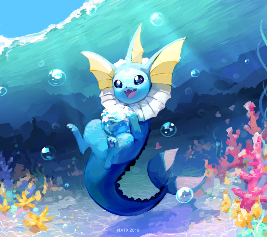 air_bubble animal_focus artist_name blue_eyes bubble coral dated fangs highres looking_at_viewer natx-chan no_humans open_mouth pokemon pokemon_(creature) signature smile solo underwater vaporeon water