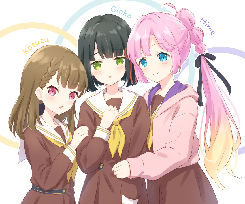 3girls :o absurdres anyoji_hime black_hair black_ribbon blue_eyes blunt_bangs blush braid brown_dress brown_hair character_name chestnut_mouth circle closed_mouth commentary_request dress gradient_hair green_eyes group_hug hair_intakes hair_ribbon hand_on_another's_arm hand_on_own_chest hasu_no_sora_school_uniform highres hug jacket kachimachi_kosuzu link!_like!_love_live! long_sleeves looking_at_viewer love_live! momose_ginko multi-tied_hair multicolored_hair multiple_girls neckerchief open_clothes open_jacket open_mouth outline parted_bangs pink_eyes pink_hair pink_jacket pleated_dress ponytail purple_jacket ribbon sailor_collar school_uniform sidelocks smile split_mouth virtual_youtuber white_background white_outline white_sailor_collar winter_uniform yellow_neckerchief yutuki_ame