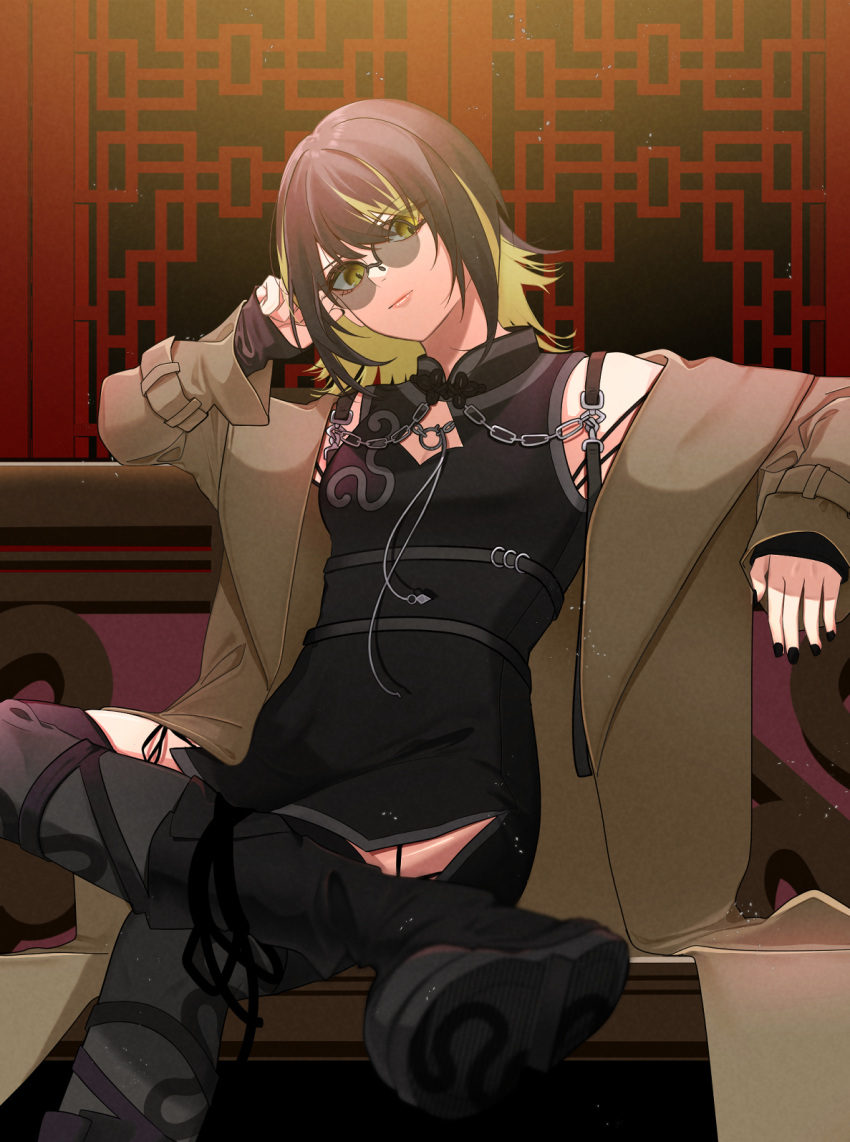 1girl bare_shoulders black_dress black_hair black_nails blonde_hair boots breasts brown_coat chain china_dress chinese_clothes cleavage_cutout clothing_cutout coat crossed_legs detached_sleeves dress glasses highres idolmaster idolmaster_shiny_colors ikaruga_luca indoors looking_at_viewer medium_hair multicolored_hair nail_polish official_alternate_costume round_eyewear semi-rimless_eyewear sitting small_breasts solo strap streaked_hair toudou_(tudu_i) two-tone_hair yellow_eyes