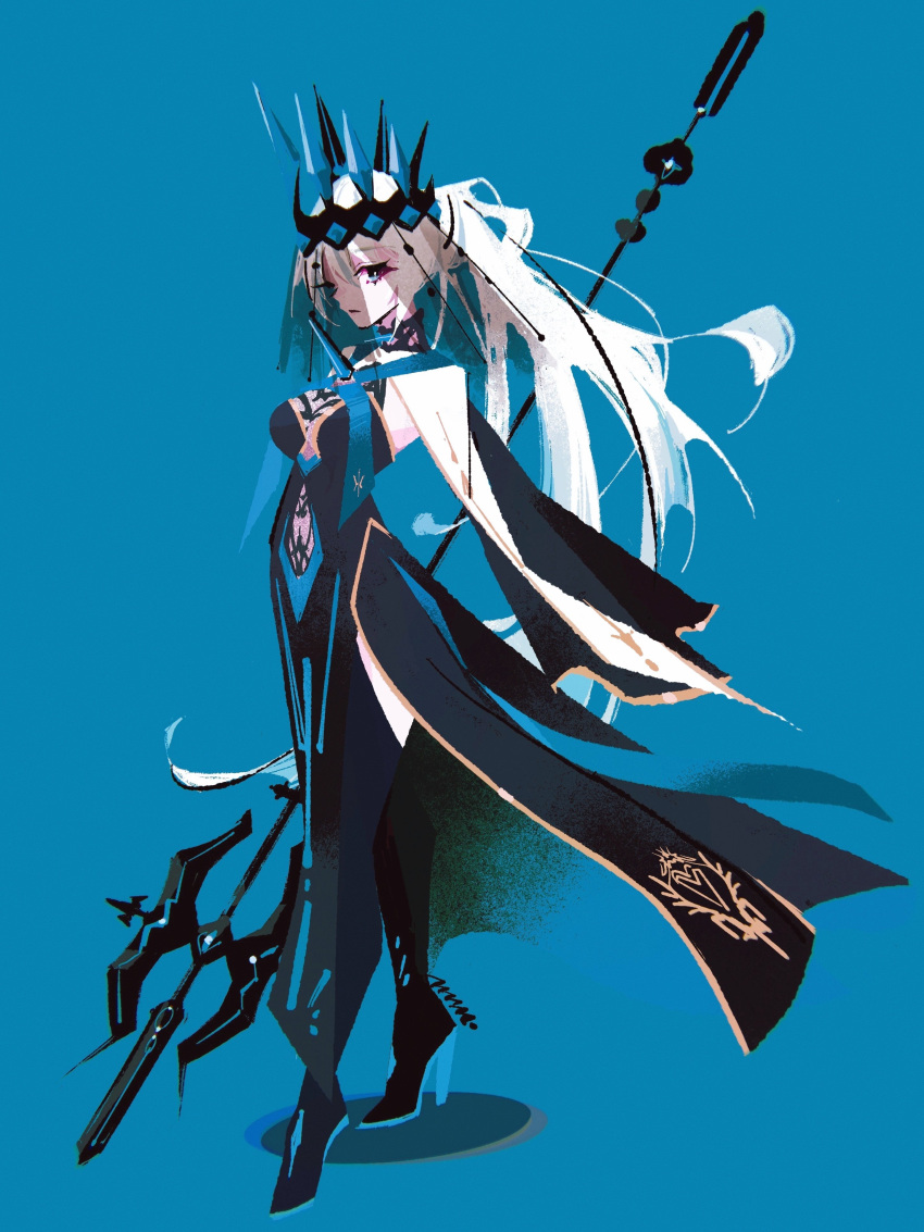 1girl absurdres black_dress black_footwear black_veil blue_background blue_eyes boots center_opening clothing_cutout crown dress fate/grand_order fate_(series) full_body high_heels highres holding holding_staff long_hair long_sleeves marina_(mrn9) morgan_le_fay_(fate) morgan_le_fay_(queen_of_winter)_(fate) no_lineart ponytail simple_background solo staff stomach_cutout stomach_tattoo tattoo thigh_boots two-tone_dress veil very_long_hair white_hair