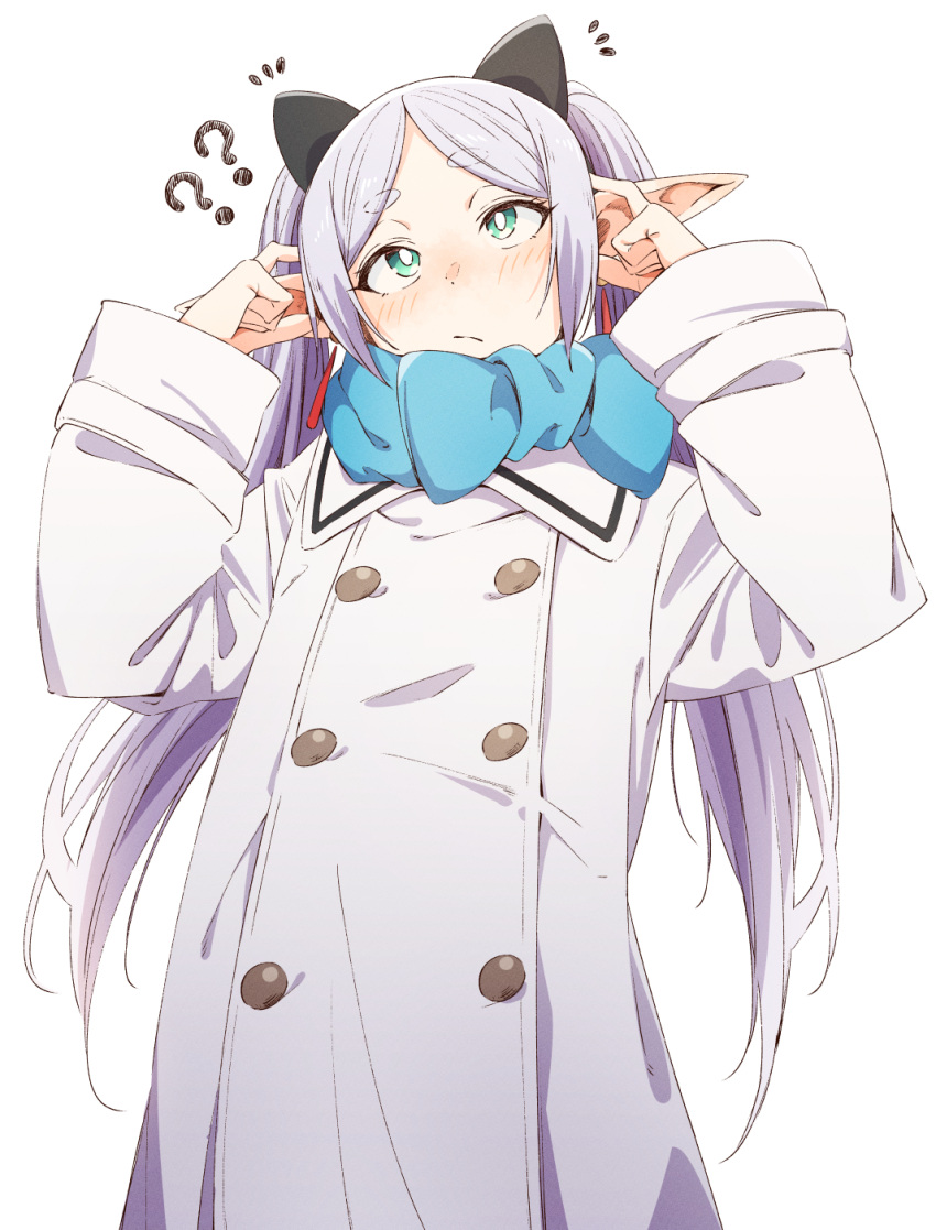 1girl ? ?? animal_ears blue_scarf blush buttons cat_ears closed_mouth coat commentary cowboy_shot double-breasted eitopondo fake_animal_ears flat_chest frieren frown green_eyes grey_hair highres long_hair looking_up parted_bangs pointy_ears scarf short_eyebrows simple_background solo sousou_no_frieren standing symbol-only_commentary thick_eyebrows twintails white_background white_coat